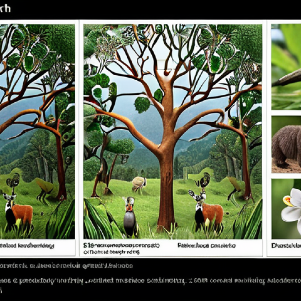 **Data Mining in Biodiversity Research:**
    *   A visual representation of data mining techniques being used to analyze biodiversity data. Show interconnected nodes/graphs representing species distribution factors, interspecies interactions, and predicted future ranges. Incorporate elements like climate data visualizations and species observation records.