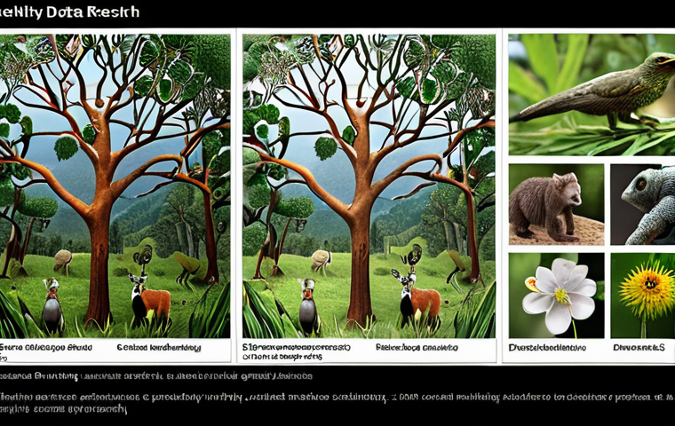 **Data Mining in Biodiversity Research:**
* A visual representation of data mining techniques being used to analyze biodiversity data. Show interconnected nodes/graphs representing species distribution factors, interspecies interactions, and predicted future ranges. Incorporate elements like climate data visualizations and species observation records.