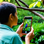 A diverse adult individual, gently holding a smartphone to capture an image of a small, vibrant bird perched on a tree branch, in a lush green garden or urban park. The setting is bathed in soft, natural light at dawn, evoking a sense of calm discovery. The person is fully clothed in modest, comfortable outdoor attire. Professional photography, sharp focus, natural colors, high detail, perfect anatomy, correct proportions, natural pose, well-formed hands, proper finger count, natural body proportions, safe for work, appropriate content, family-friendly.
