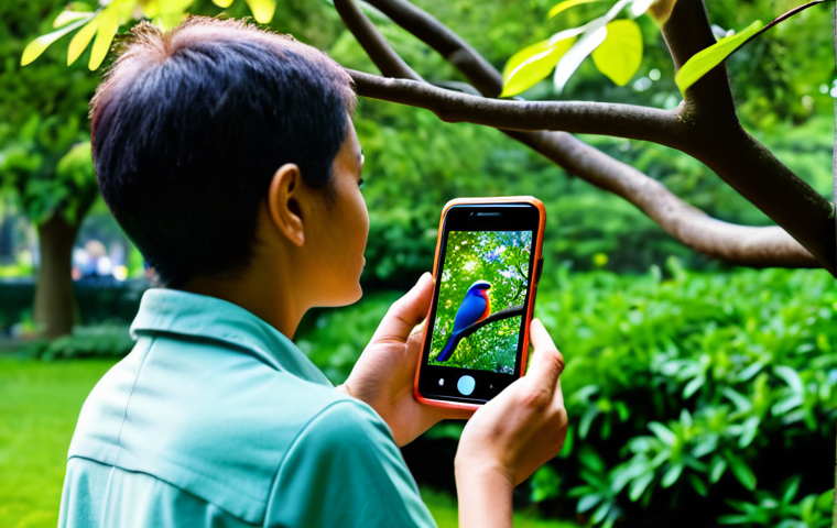 A diverse adult individual, gently holding a smartphone to capture an image of a small, vibrant bird perched on a tree branch, in a lush green garden or urban park. The setting is bathed in soft, natural light at dawn, evoking a sense of calm discovery. The person is fully clothed in modest, comfortable outdoor attire. Professional photography, sharp focus, natural colors, high detail, perfect anatomy, correct proportions, natural pose, well-formed hands, proper finger count, natural body proportions, safe for work, appropriate content, family-friendly.